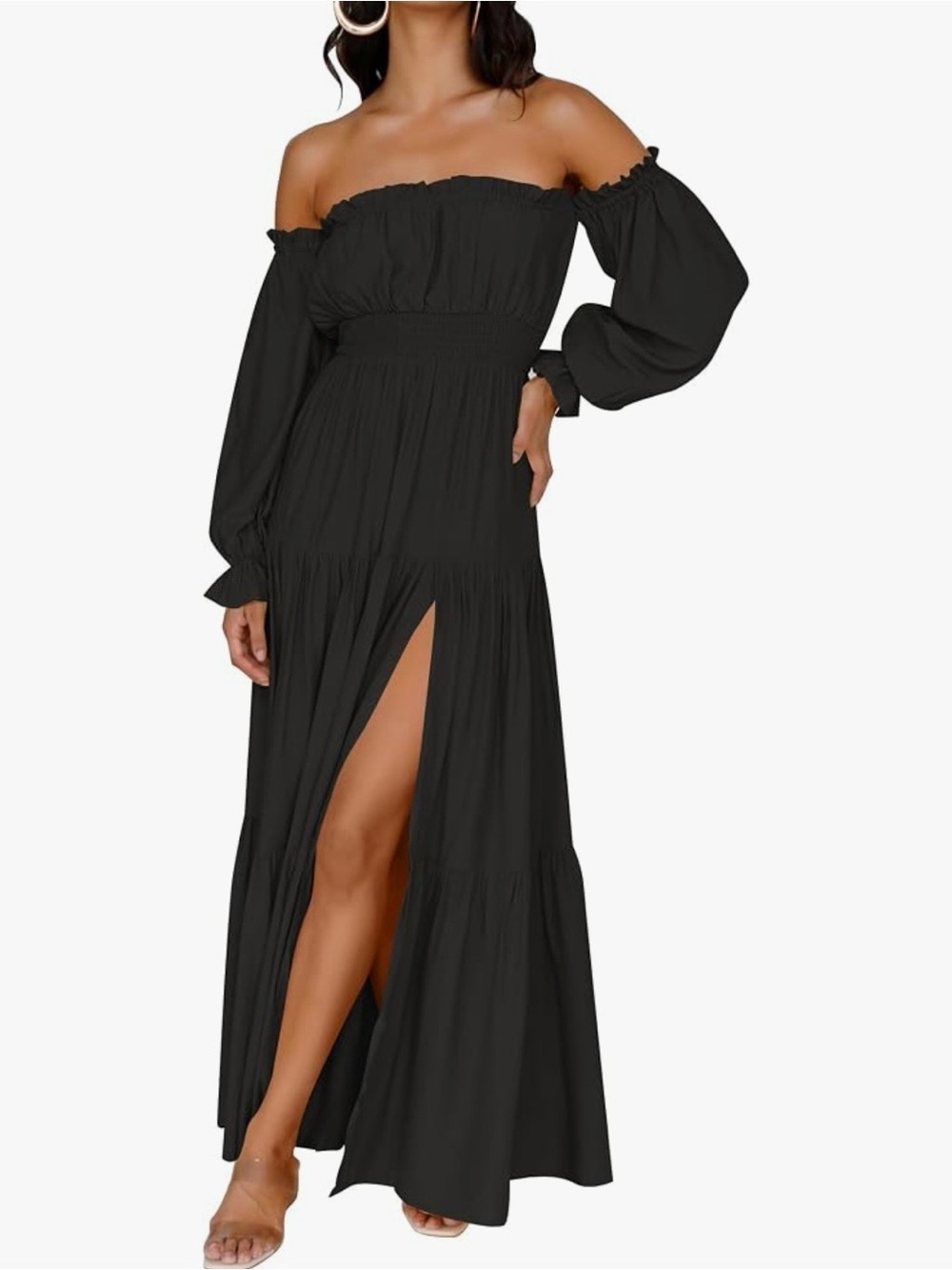 Off-Shoulder Long Sleeve Black Maxi Dress with Front Slit